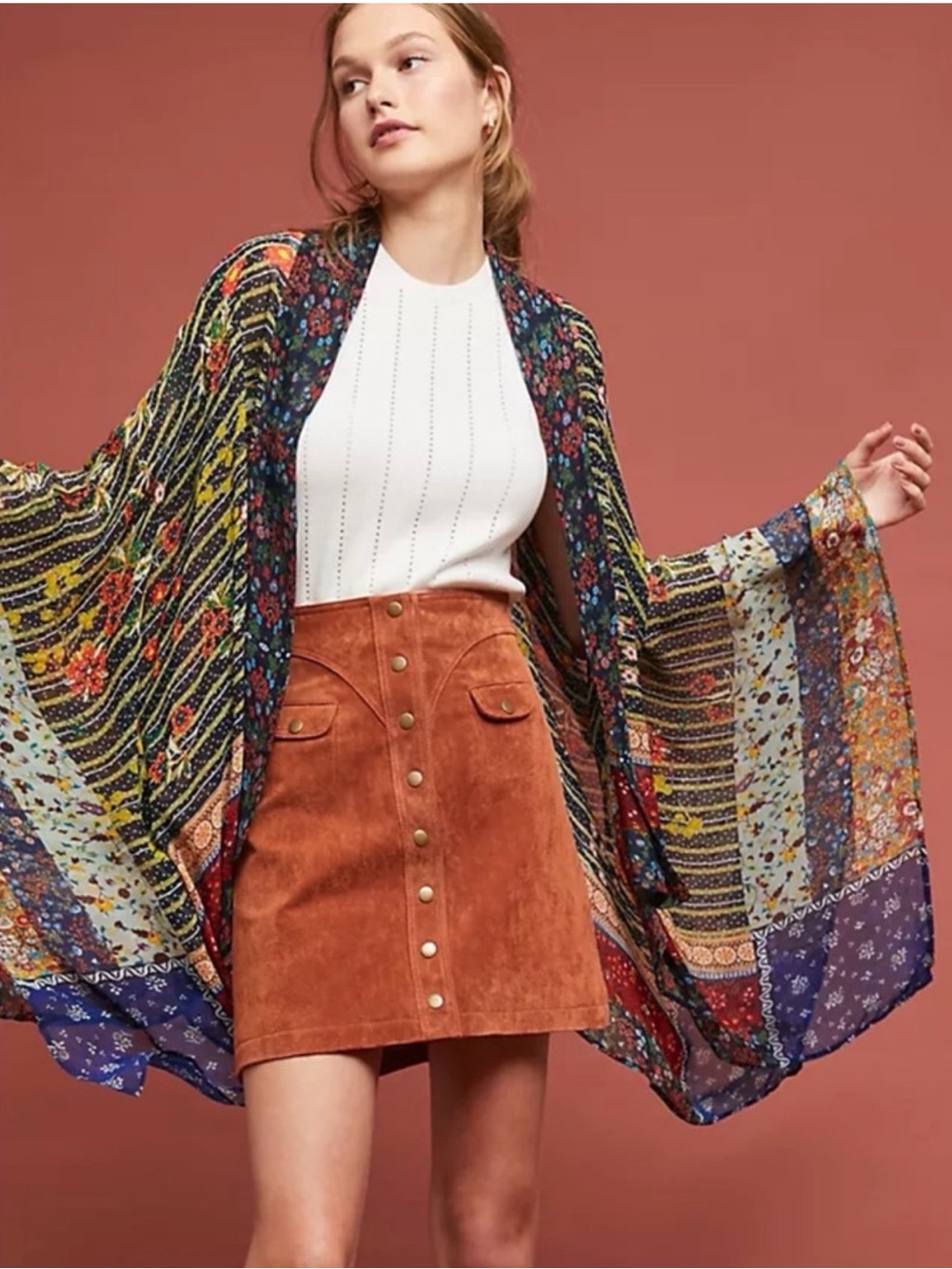 Anthropologie Boho Patchwork Floral Open Front Kimono